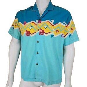 Vtg Hobie Sailing Shirt Mens L Teal Blue Colorblock Hawaiian Max Headroom Aloha